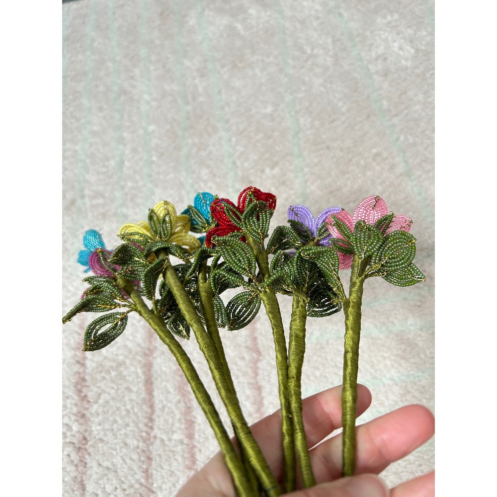 Beaded Flower Bouquet Multicolor 6 Stems 11" Home Decor Cottagecore Art Spring - Picture 4 of 10